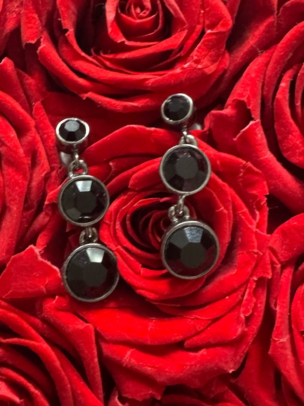 Black Rhinestone Drop Earrings Gunmetal Triple Stone Dangle Minimal Chic